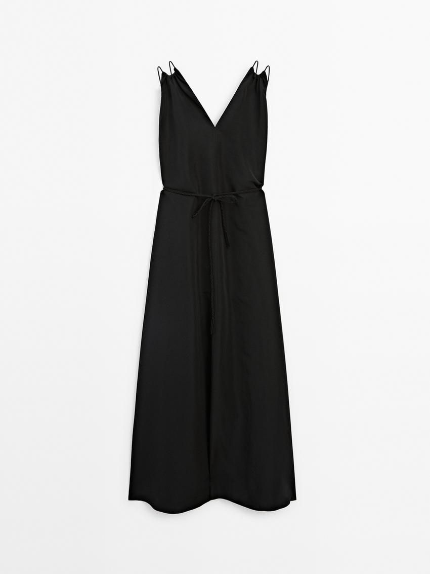 Massimo Dutti Long Linen Blend With Double Straps Women Dress Black | US-YE3546781