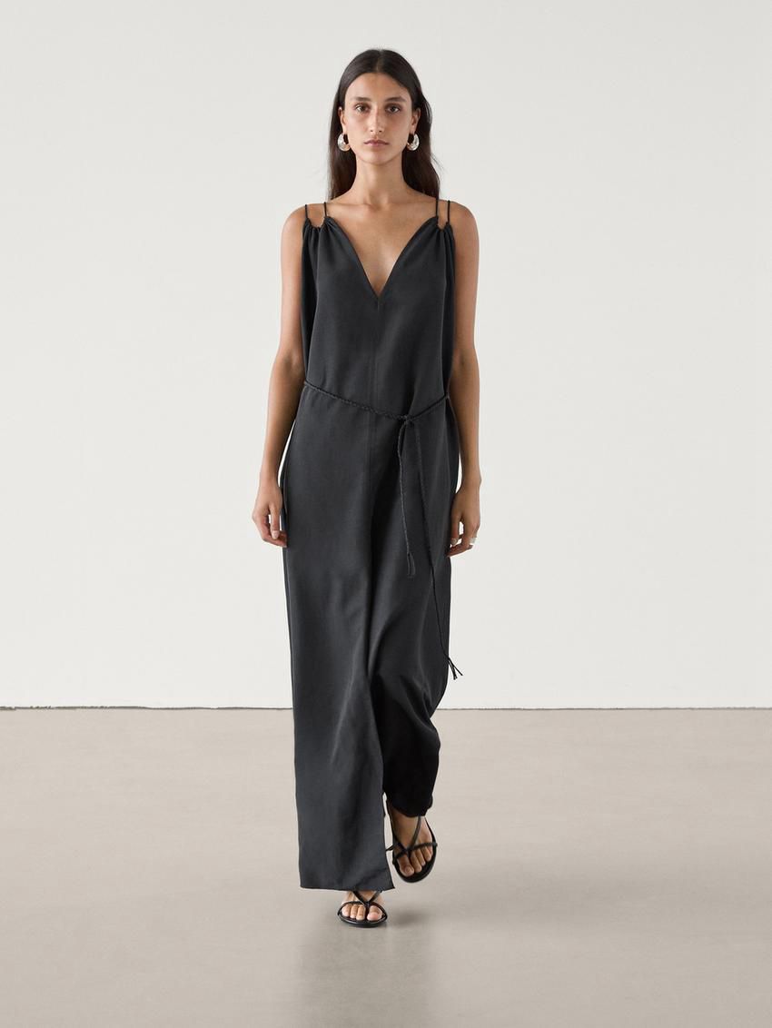 Massimo Dutti Long Linen Blend With Double Straps Women Dress Black | US-YE3546781