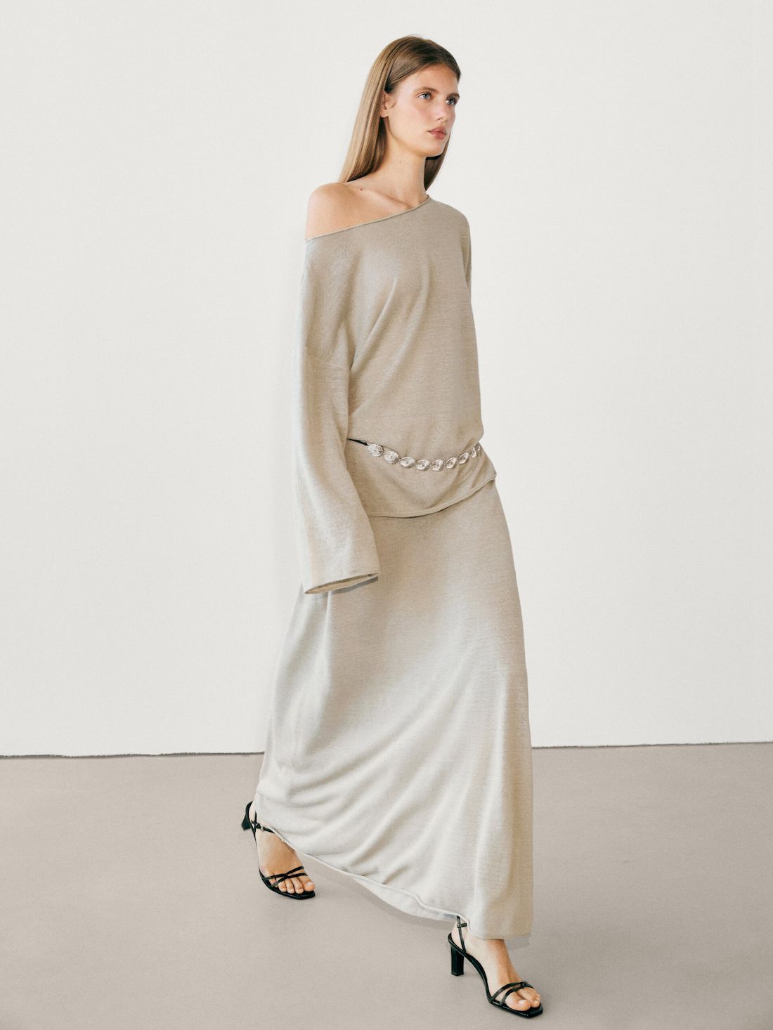 Massimo Dutti Long Linen Blend With Tie Detail Women Skirts Beige | US-KP1837209