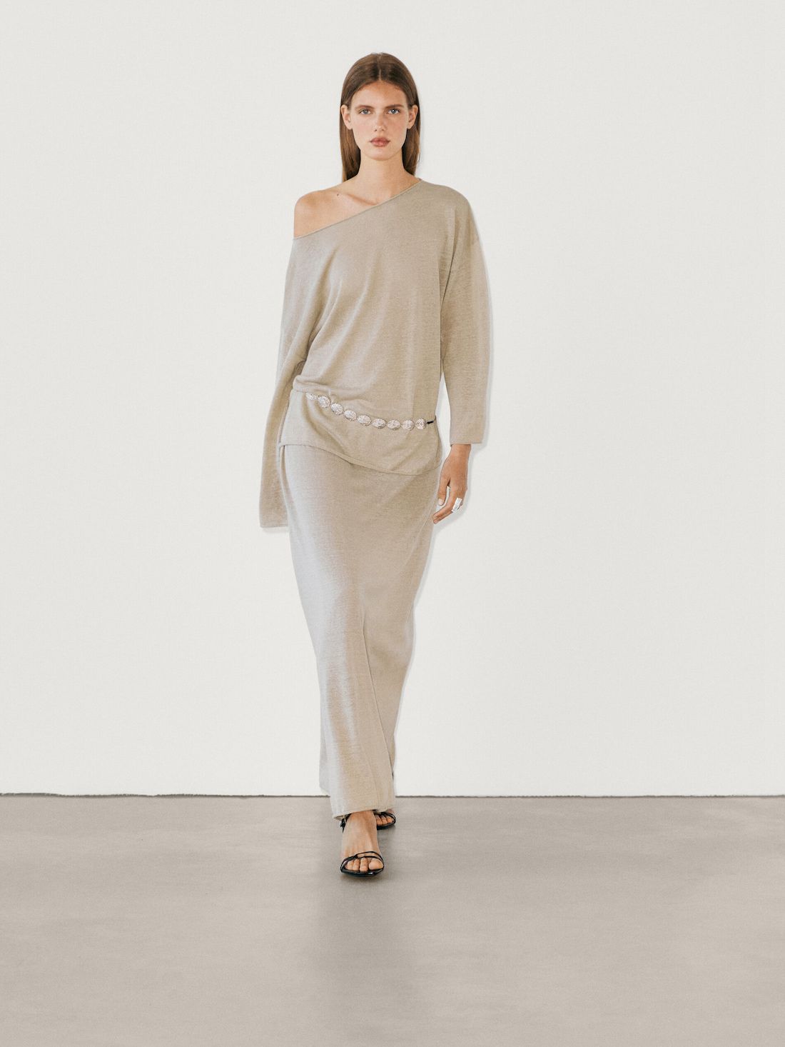 Massimo Dutti Long Linen Blend With Tie Detail Women Skirts Beige | US-KP1837209