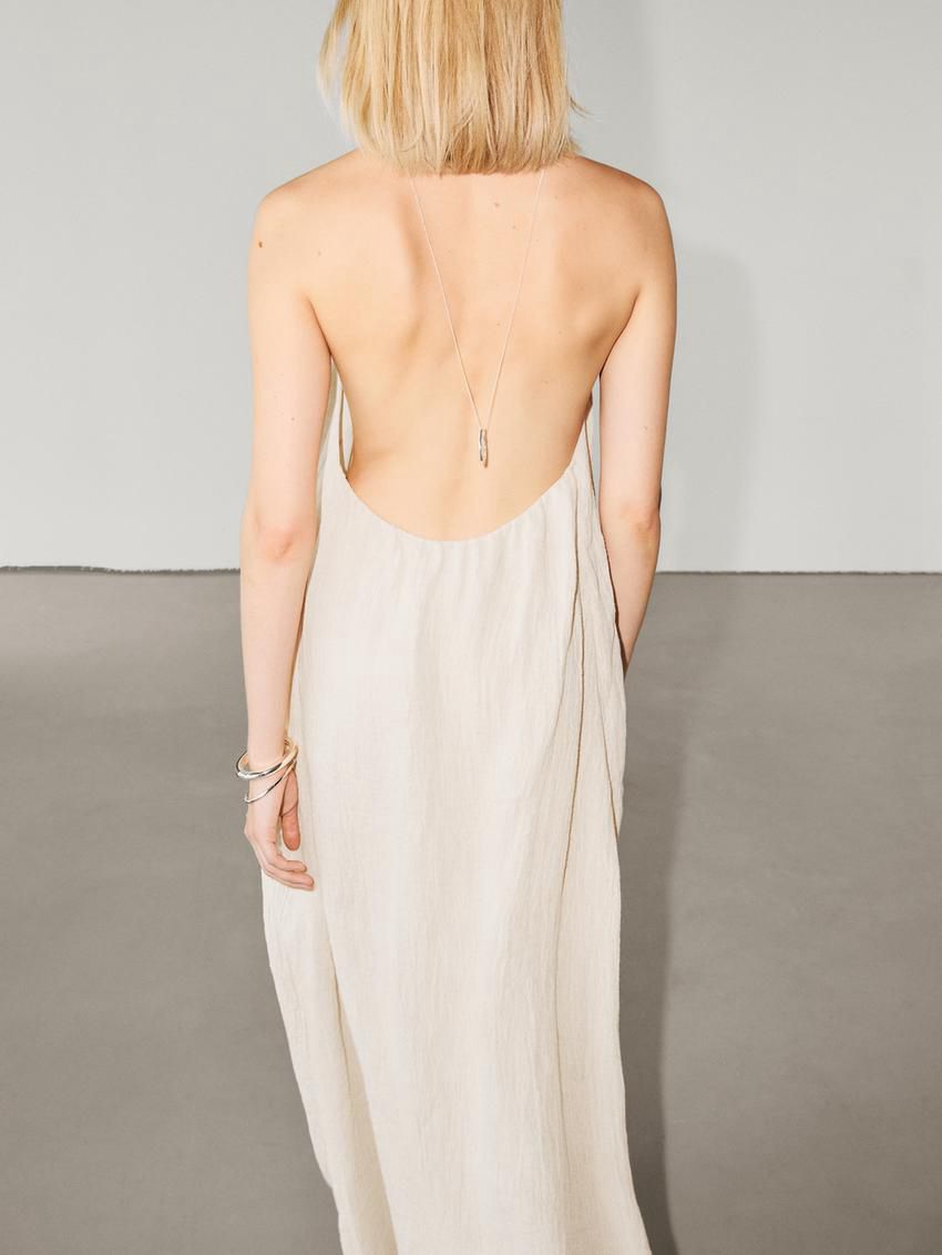 Massimo Dutti Long Linen Halterneck Women Dress Cream | US-MG9675012