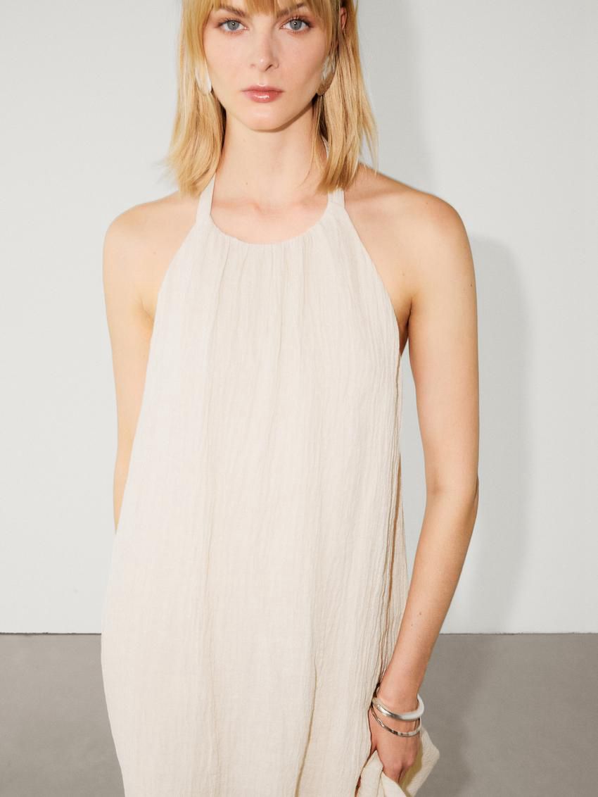 Massimo Dutti Long Linen Halterneck Women Dress Cream | US-MG9675012