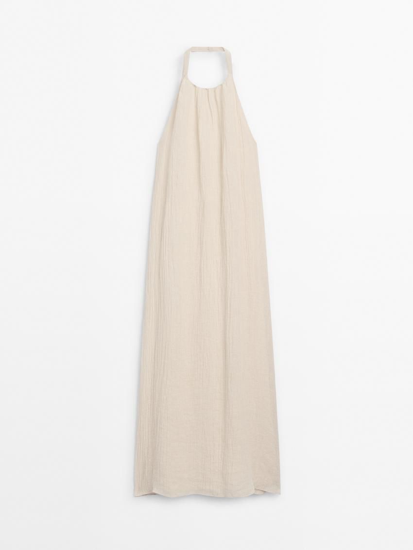 Massimo Dutti Long Linen Halterneck Women Dress Cream | US-MG9675012