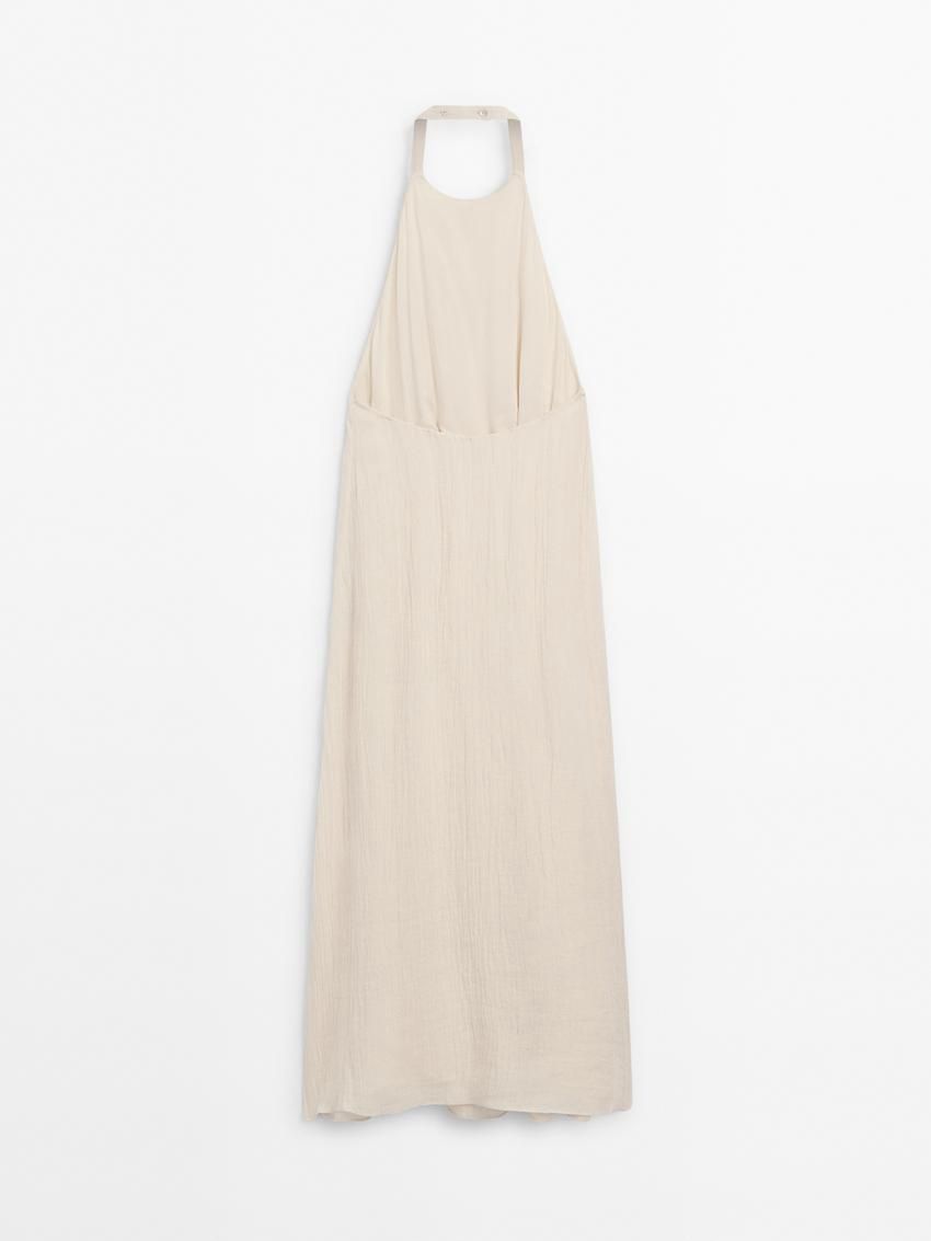 Massimo Dutti Long Linen Halterneck Women Dress Cream | US-MG9675012