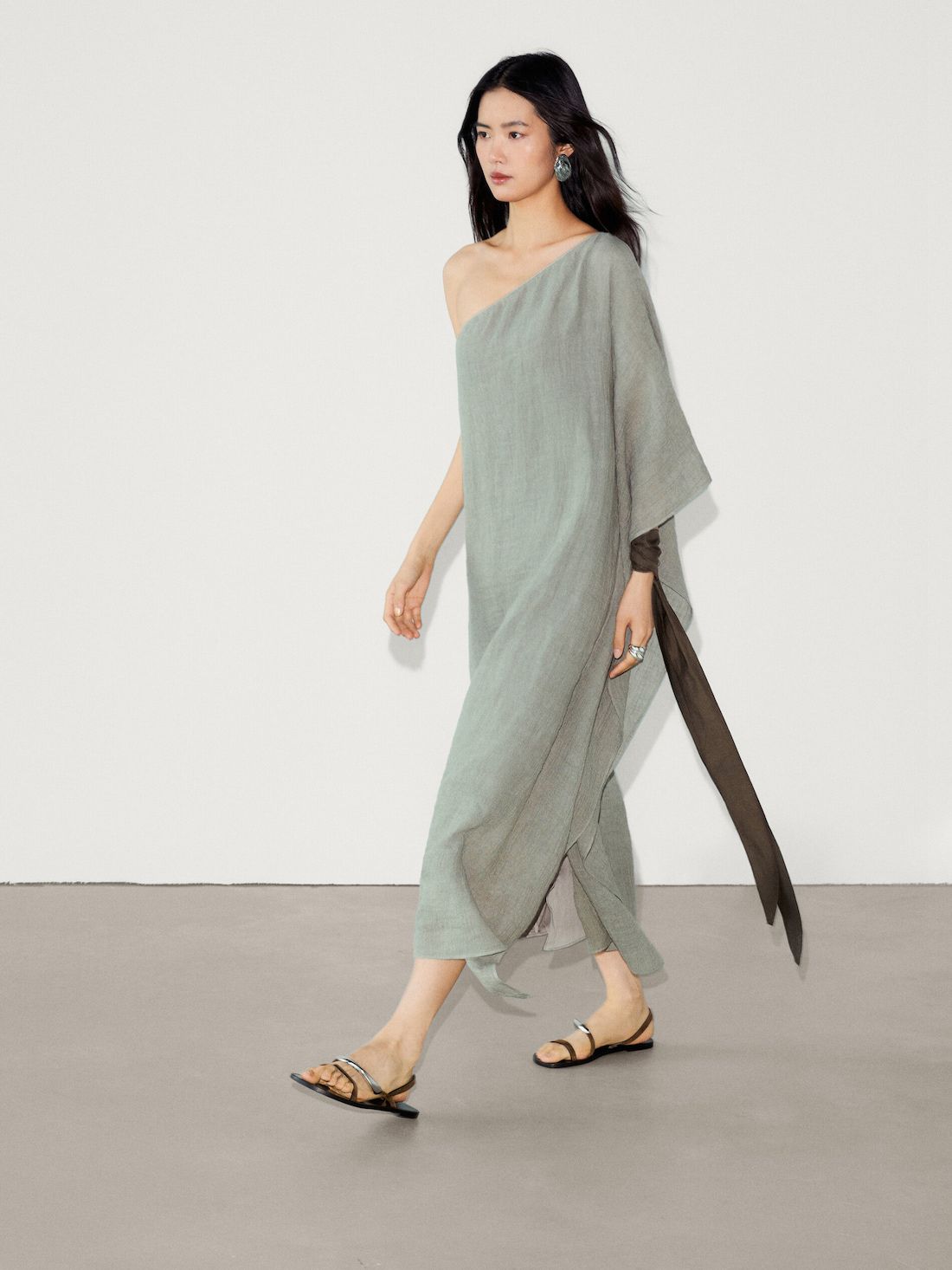 Massimo Dutti Long Linen With Asymmetric Neckline Women Dress Green | US-UE4219638