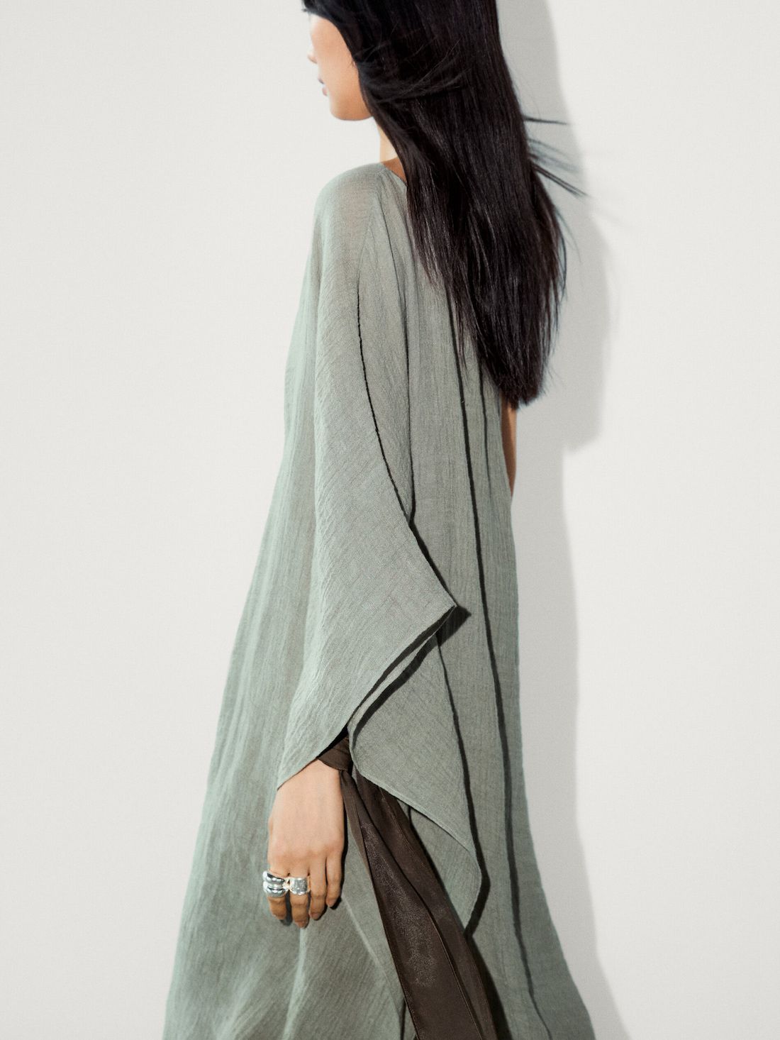 Massimo Dutti Long Linen With Asymmetric Neckline Women Dress Green | US-UE4219638