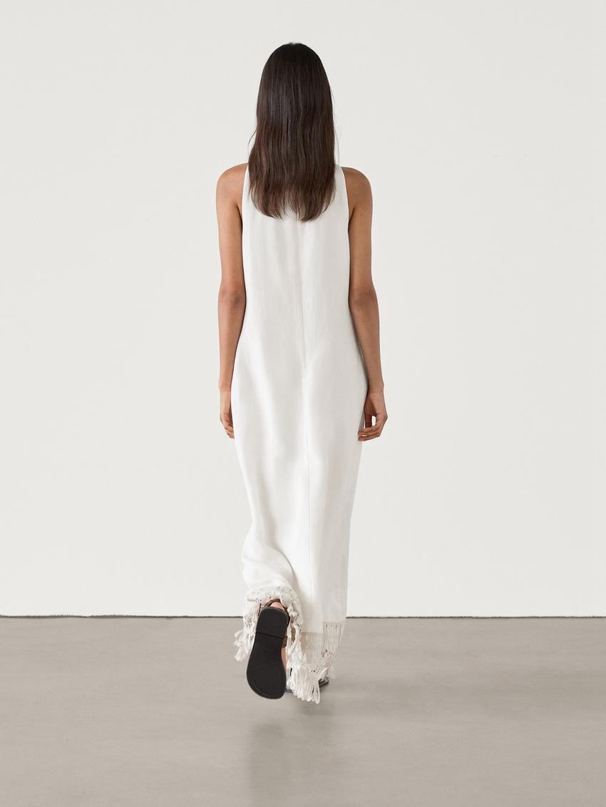 Massimo Dutti Long Linen With Fringe Detail Women Dress White | US-WX8527304