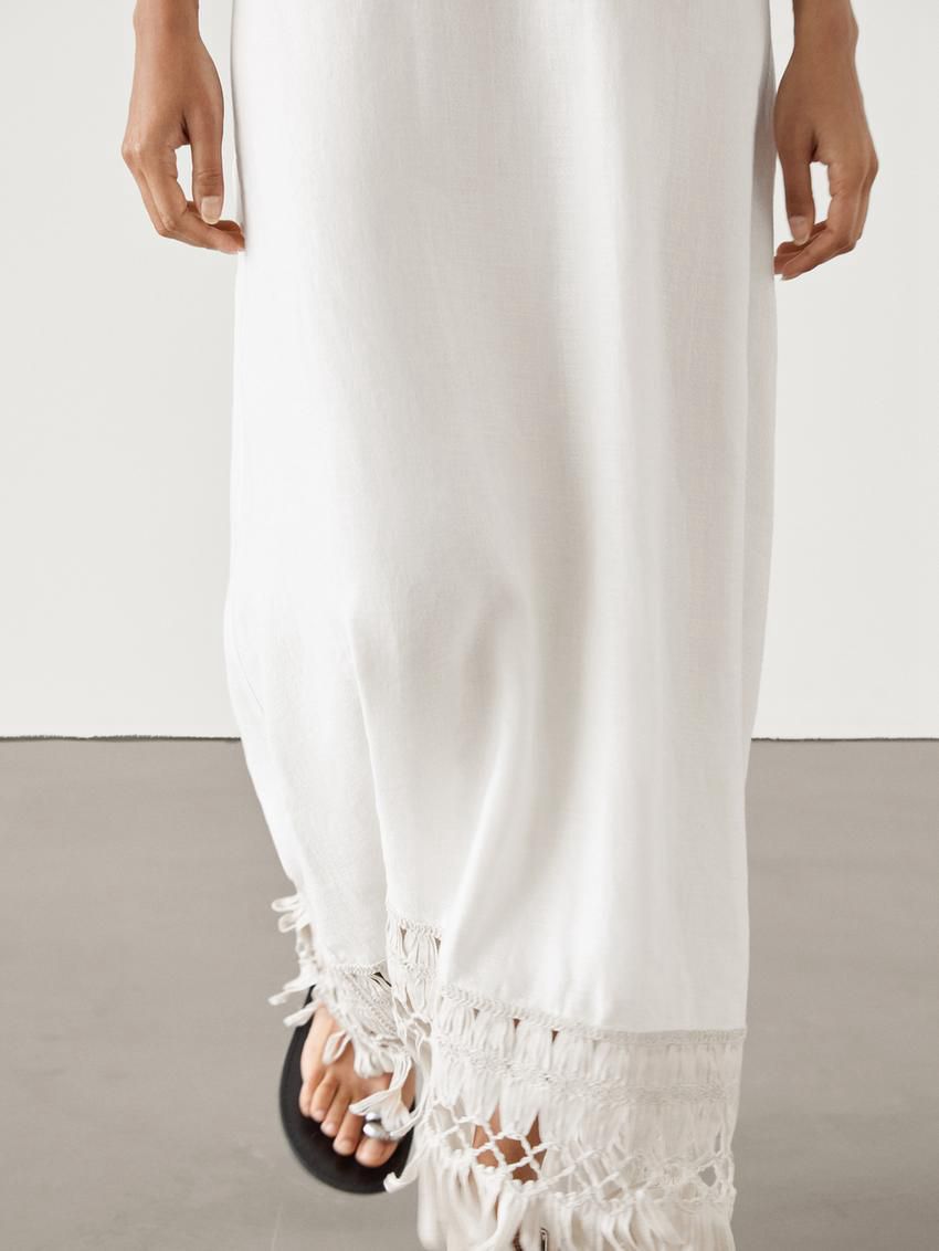 Massimo Dutti Long Linen With Fringe Detail Women Dress White | US-WX8527304