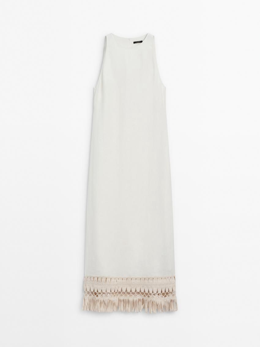 Massimo Dutti Long Linen With Fringe Detail Women Dress White | US-WX8527304