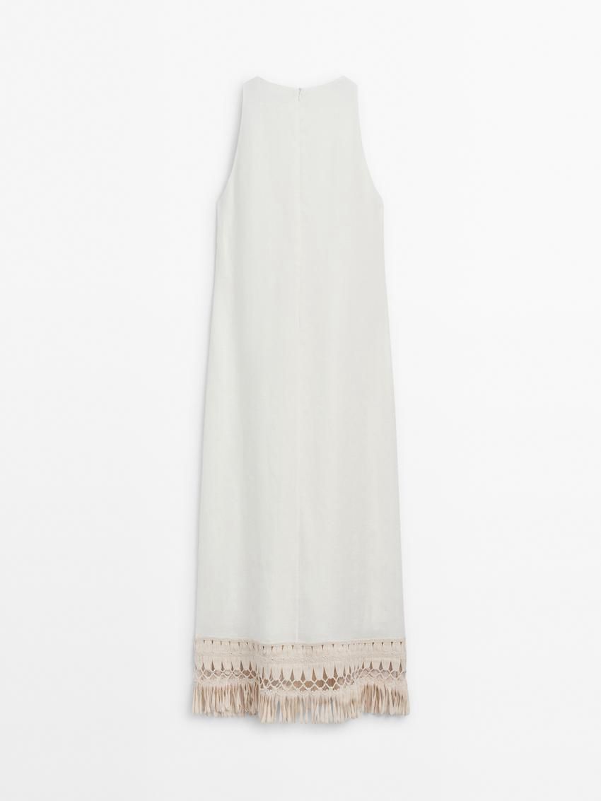 Massimo Dutti Long Linen With Fringe Detail Women Dress White | US-WX8527304