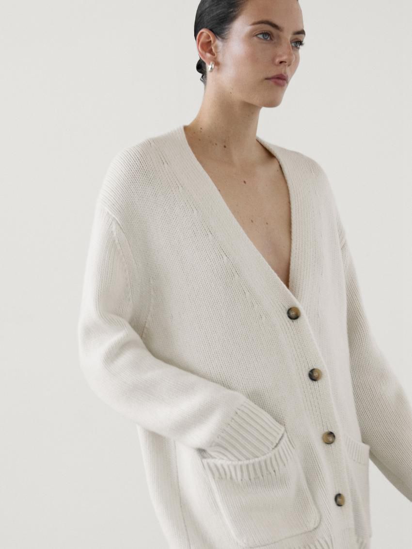 Massimo Dutti Long Plain Knit Cashmere Women Cardigan Cream | US-OF8634795
