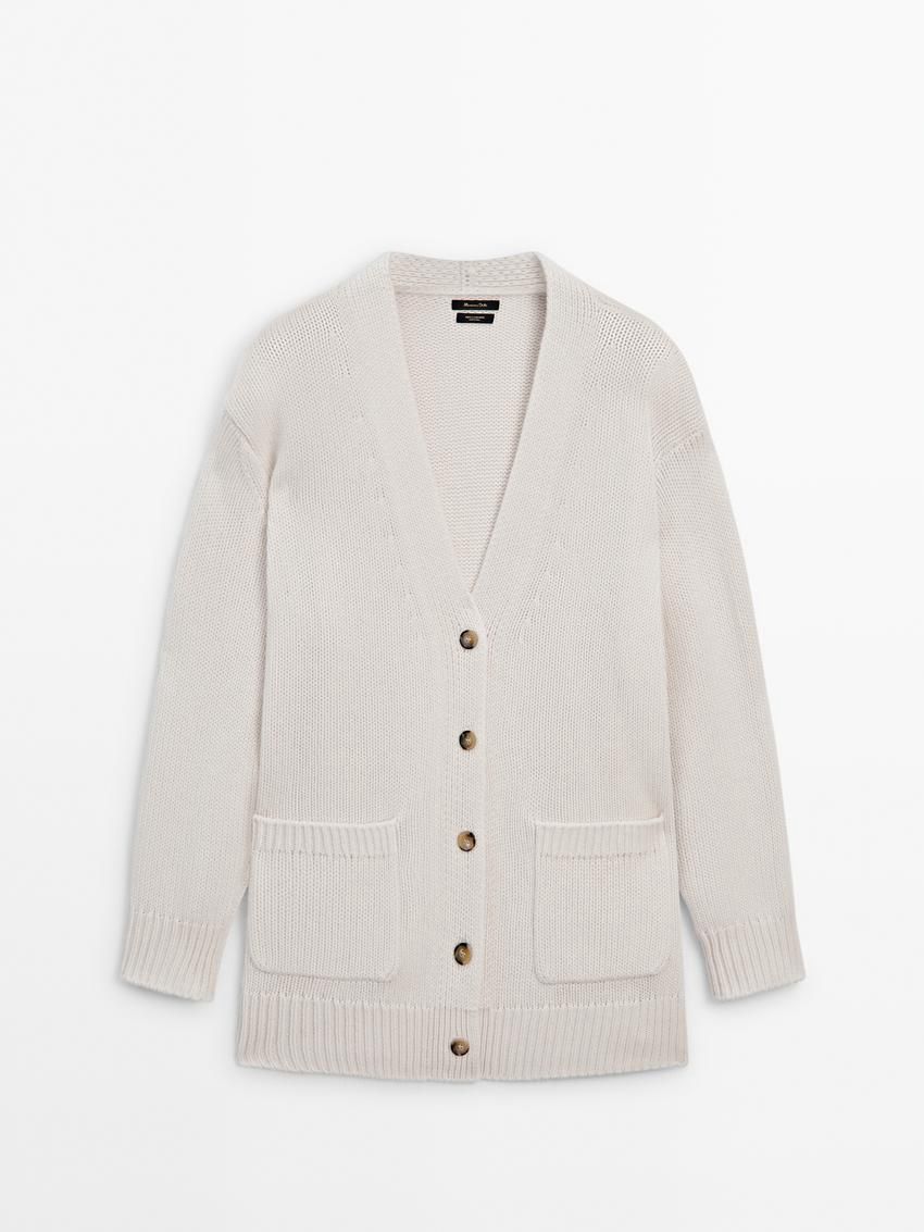 Massimo Dutti Long Plain Knit Cashmere Women Cardigan Cream | US-OF8634795