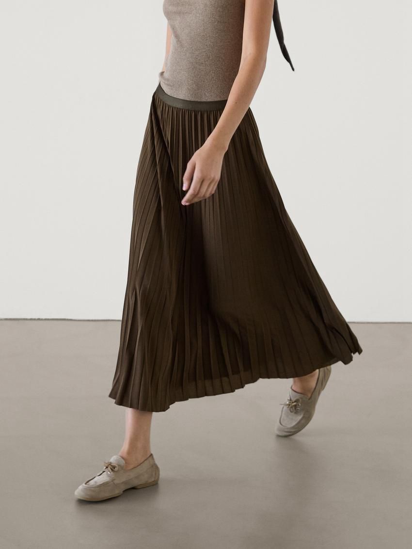 Massimo Dutti Long Pleated Flared Women Skirts Olive | US-WU6359724