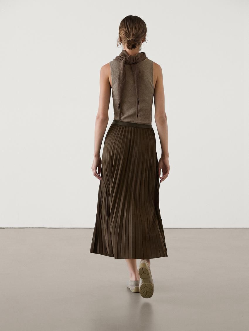 Massimo Dutti Long Pleated Flared Women Skirts Olive | US-WU6359724