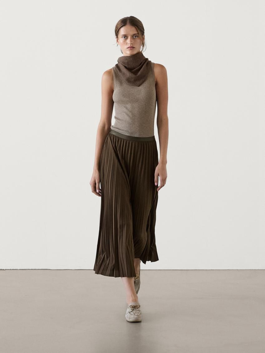 Massimo Dutti Long Pleated Flared Women Skirts Olive | US-WU6359724