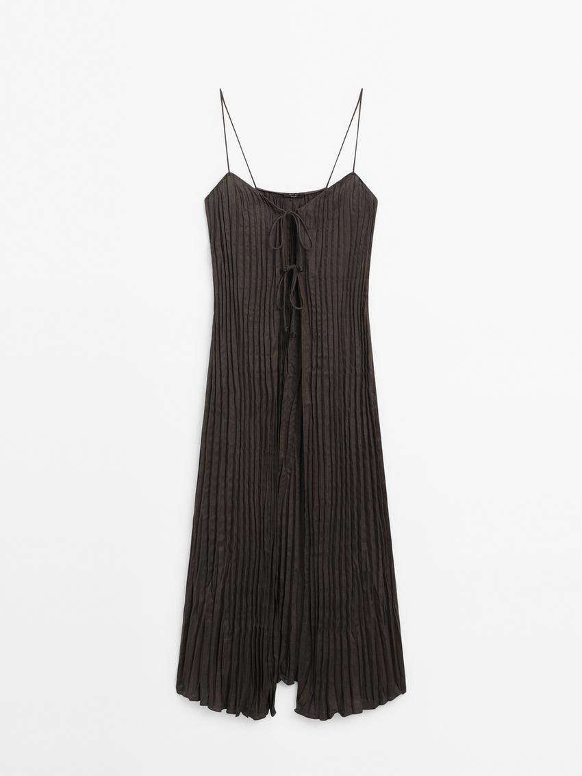Massimo Dutti Long Pleated With Bow Details Women Top Chocolate | US-AI2798360