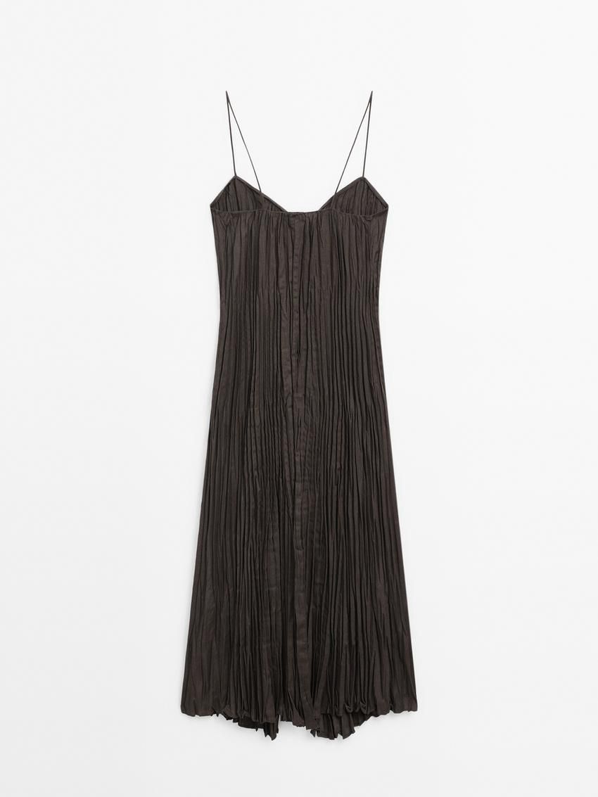Massimo Dutti Long Pleated With Bow Details Women Top Chocolate | US-AI2798360