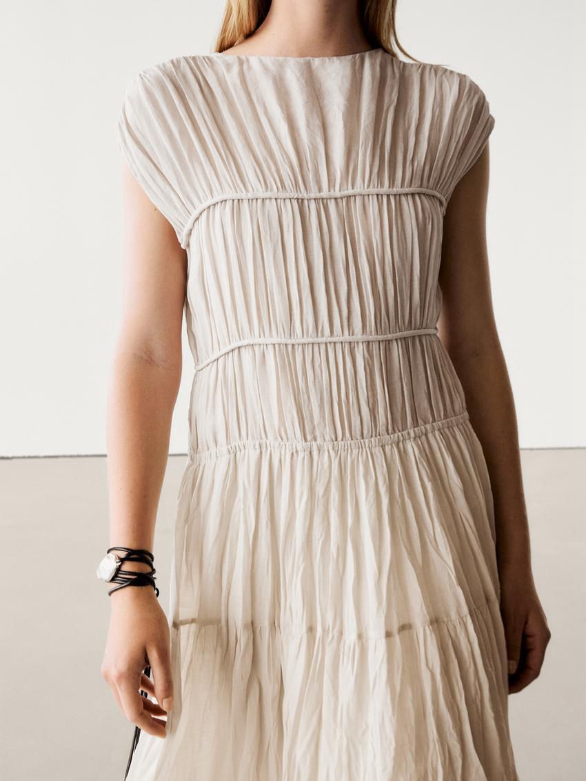 Massimo Dutti Long Pleated With Ramie And Lyocell Women Dress Cream | US-GA5719834