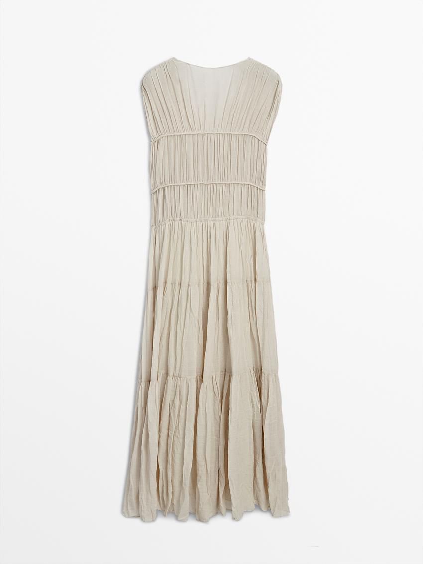 Massimo Dutti Long Pleated With Ramie And Lyocell Women Dress Cream | US-GA5719834
