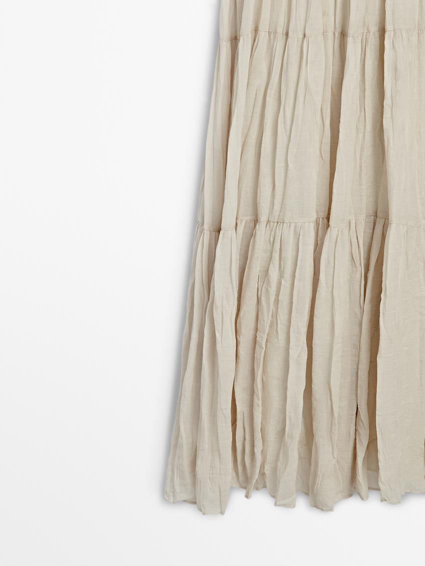 Massimo Dutti Long Pleated With Ramie And Lyocell Women Dress Cream | US-GA5719834