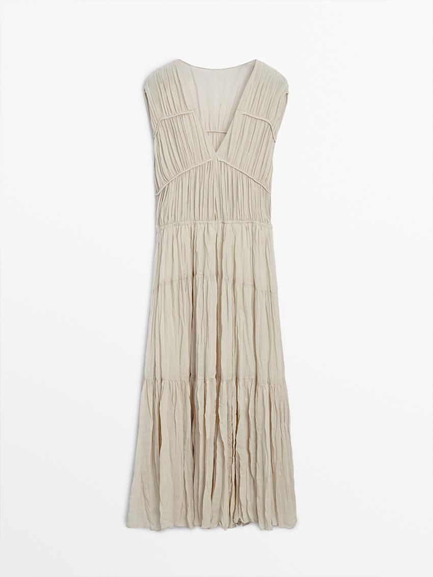 Massimo Dutti Long Pleated With Ramie And Lyocell Women Dress Cream | US-GA5719834