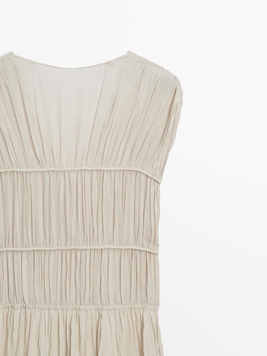 Massimo Dutti Long Pleated With Ramie And Lyocell Women Dress Cream | US-GA5719834