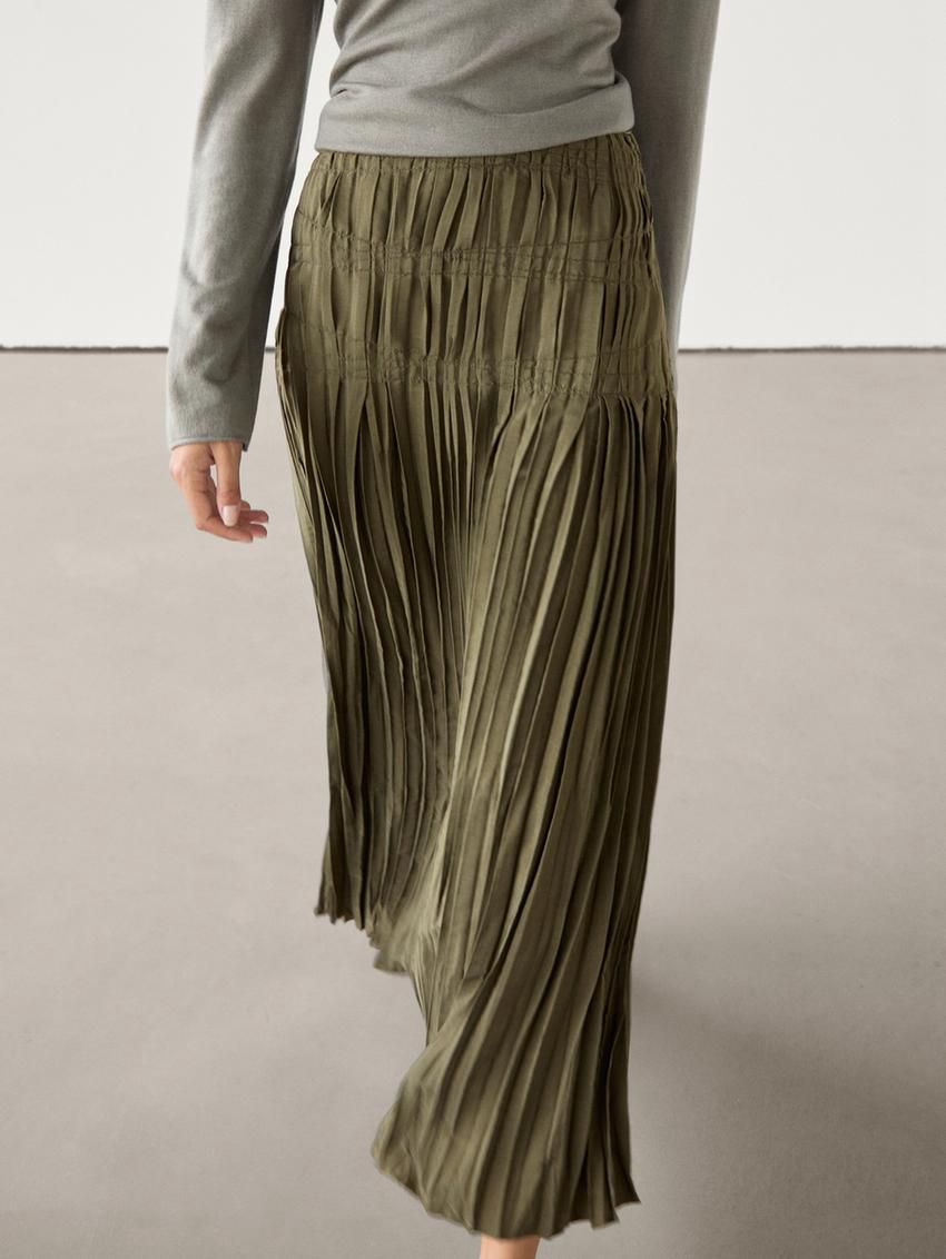 Massimo Dutti Long Pleated Women Skirts Olive | US-SN0631842