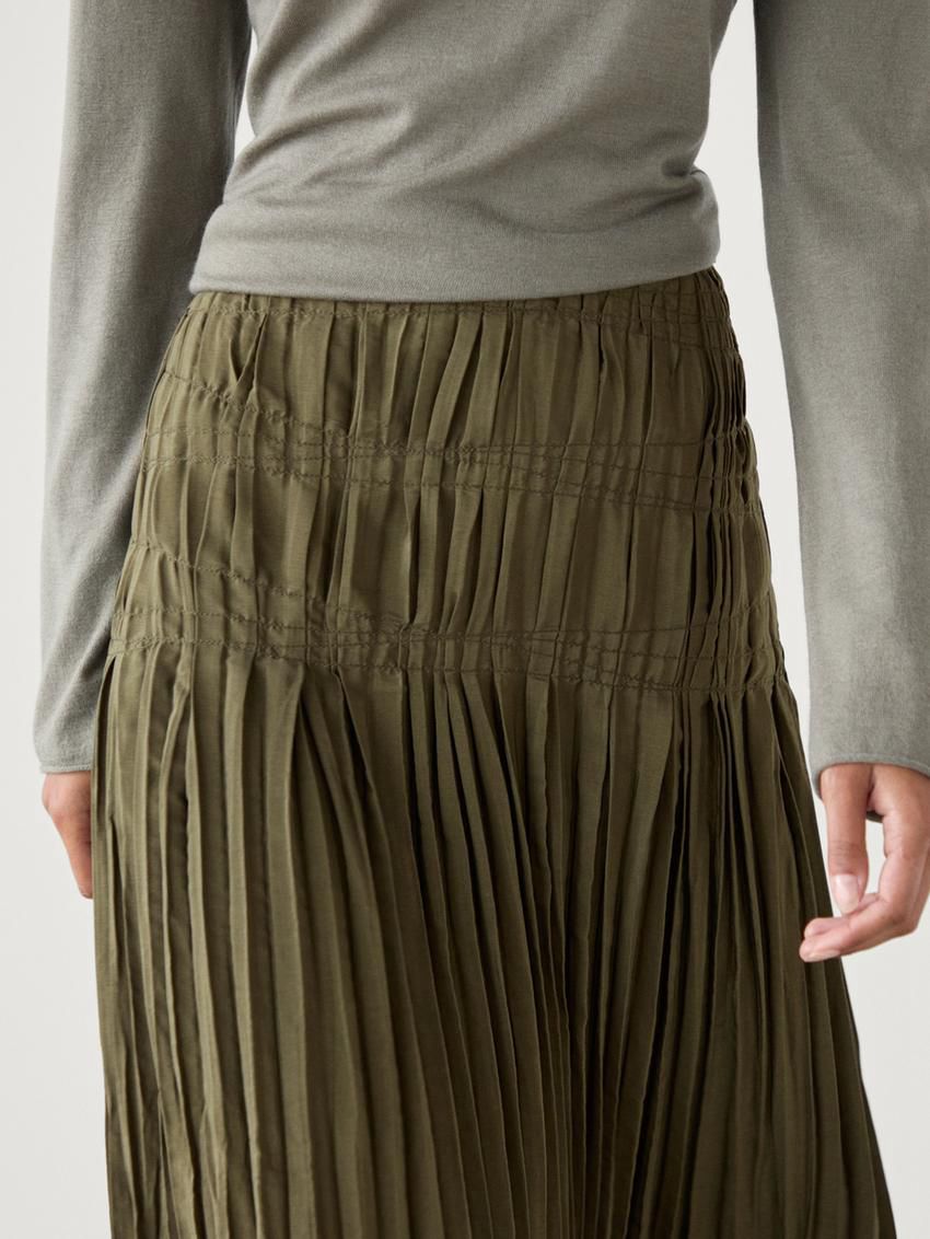 Massimo Dutti Long Pleated Women Skirts Olive | US-SN0631842