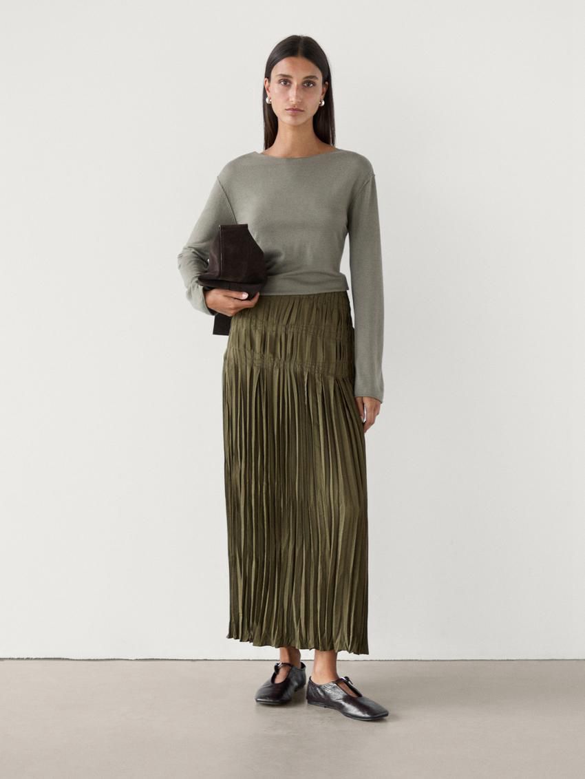 Massimo Dutti Long Pleated Women Skirts Olive | US-SN0631842