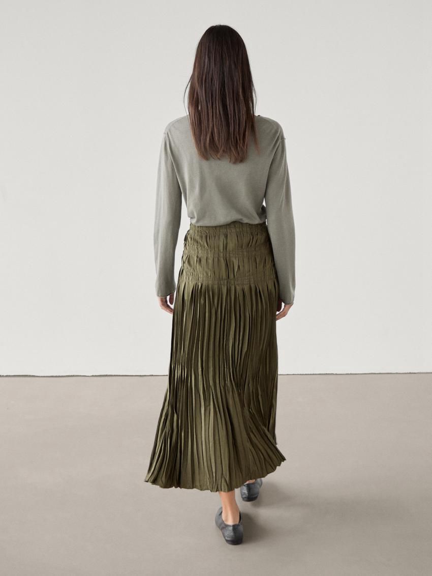 Massimo Dutti Long Pleated Women Skirts Olive | US-SN0631842