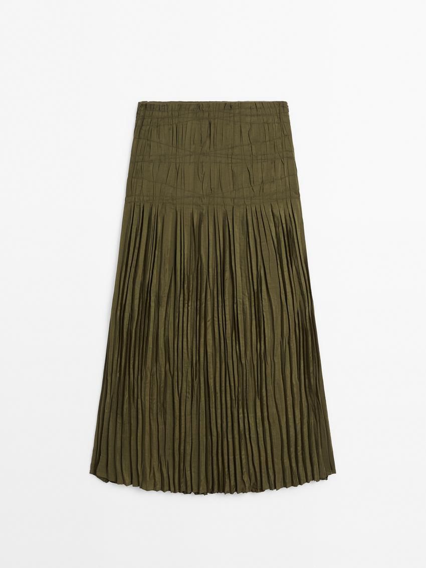 Massimo Dutti Long Pleated Women Skirts Olive | US-SN0631842