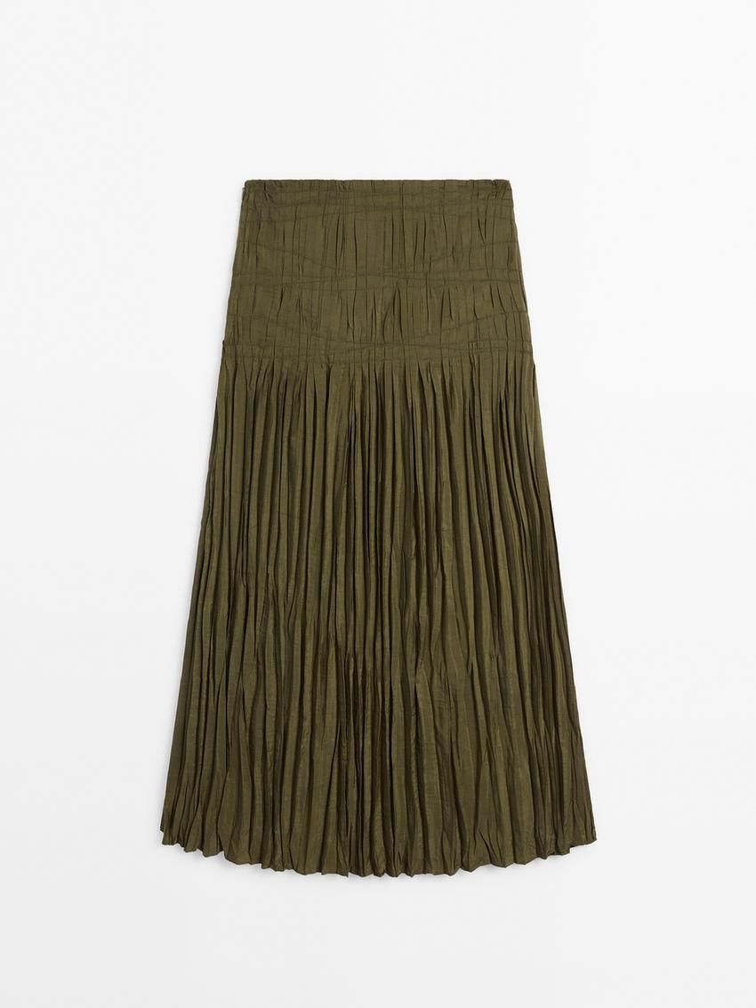 Massimo Dutti Long Pleated Women Skirts Olive | US-SN0631842
