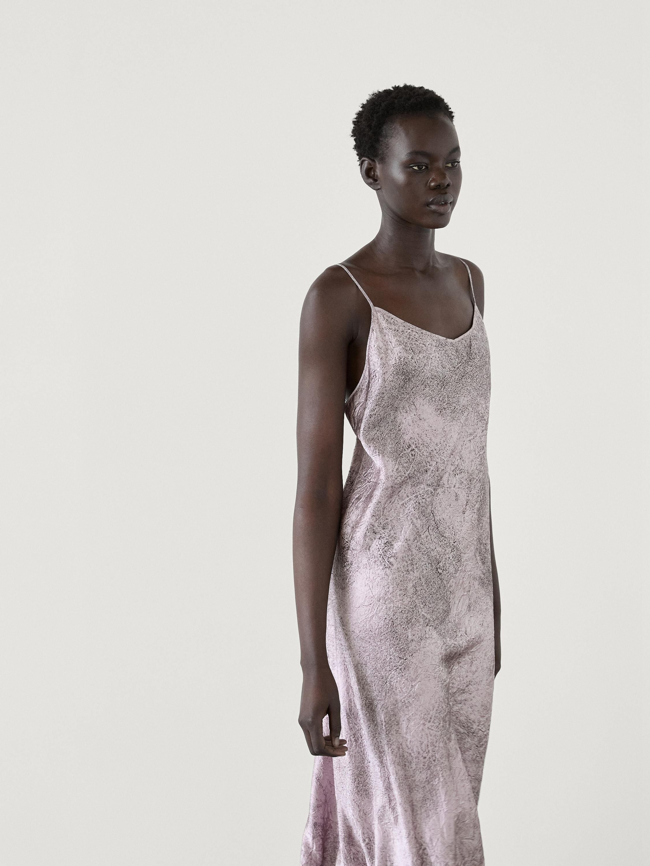 Massimo Dutti Long Printed Satin Women Dress Light Purple | US-JH7142659