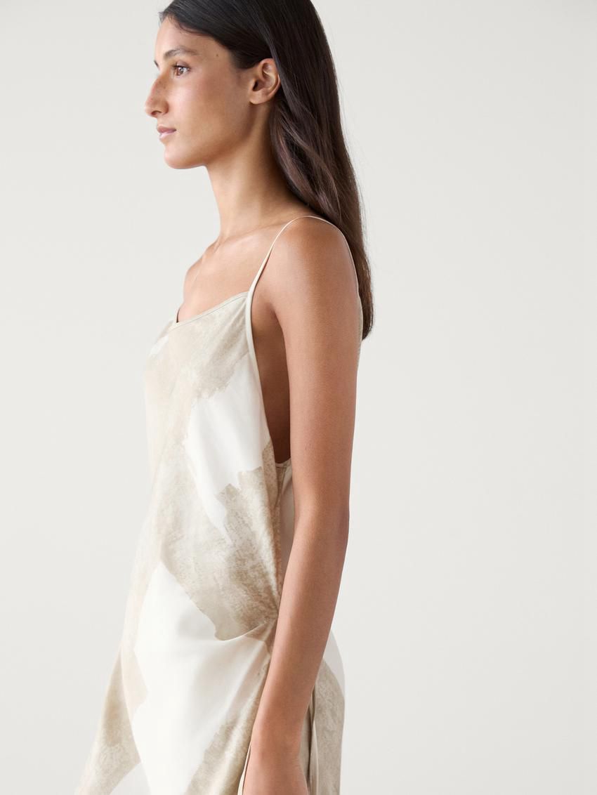 Massimo Dutti Long Printed Strappy Women Dress Beige / White | US-BQ8427091