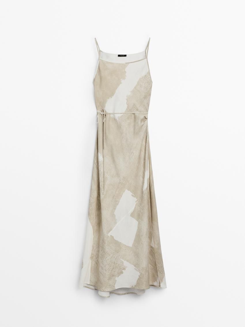 Massimo Dutti Long Printed Strappy Women Dress Beige / White | US-BQ8427091