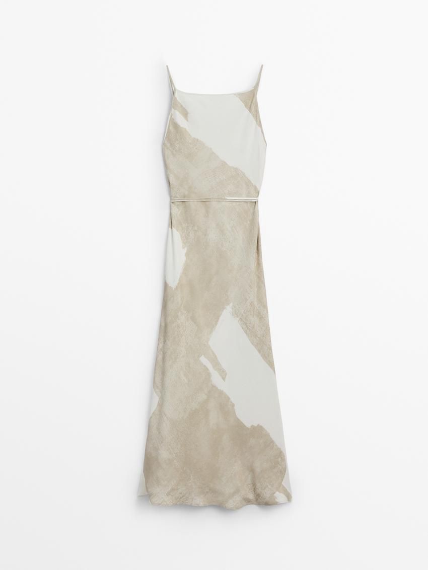 Massimo Dutti Long Printed Strappy Women Dress Beige / White | US-BQ8427091