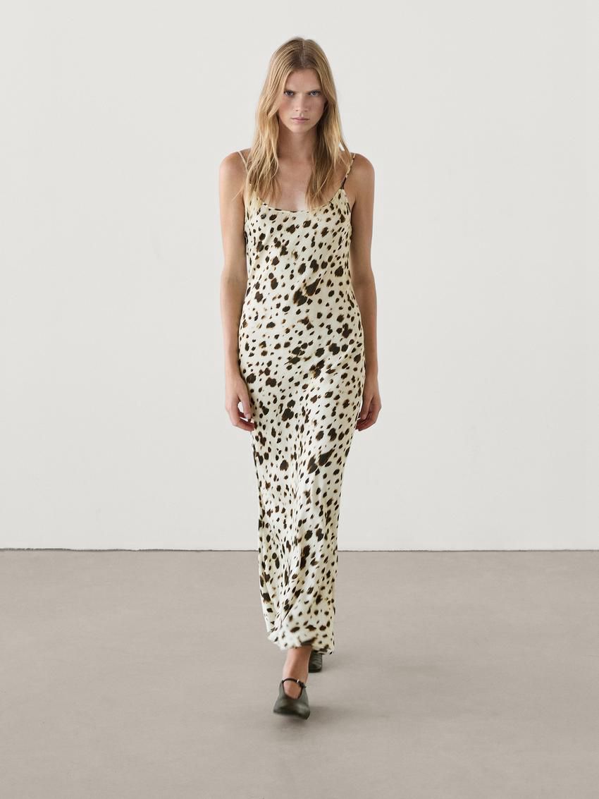 Massimo Dutti Long Printed Strappy Women Dress Leopard | US-BT9186507