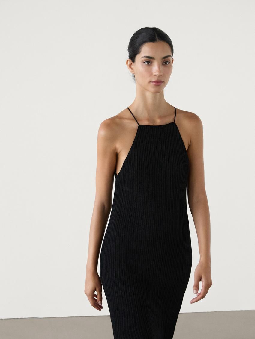 Massimo Dutti Long Ribbed Knit Women Dress Black | US-VK9685234