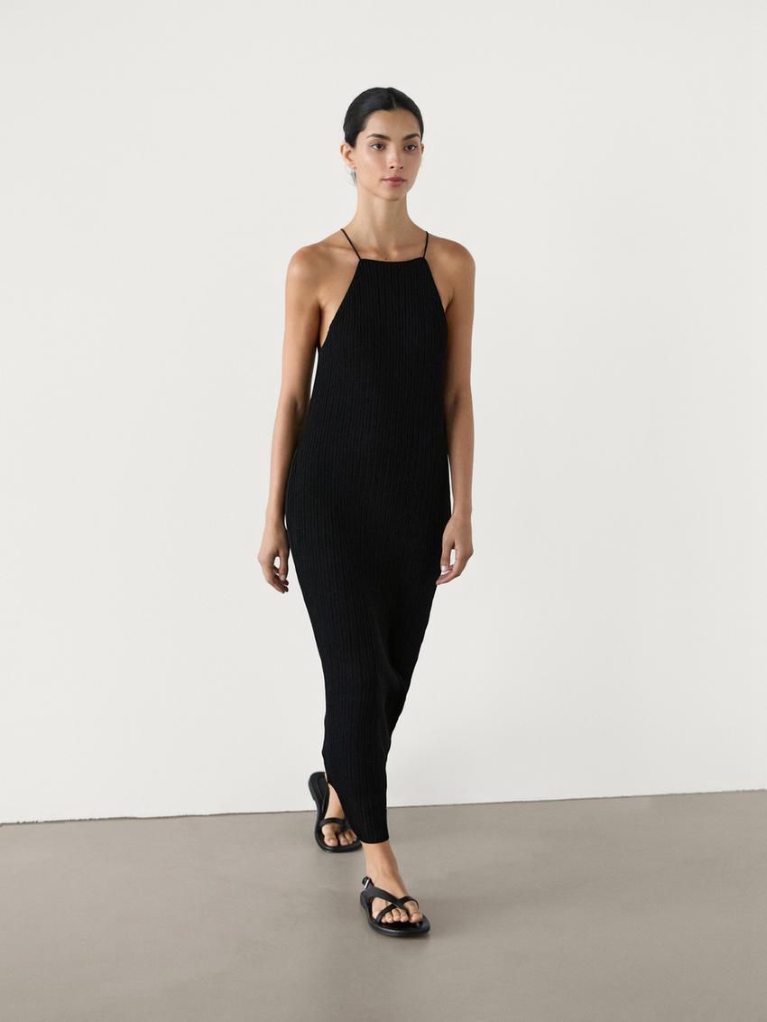 Massimo Dutti Long Ribbed Knit Women Dress Black | US-VK9685234