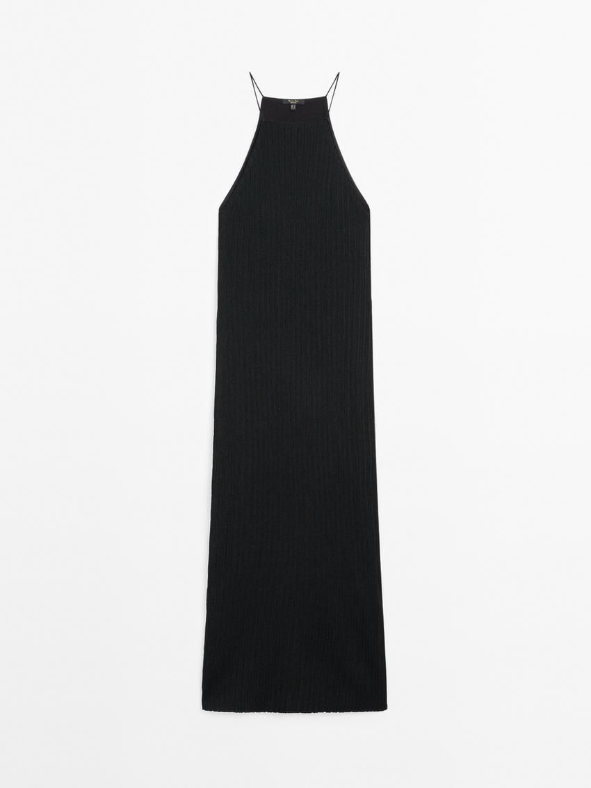 Massimo Dutti Long Ribbed Knit Women Dress Black | US-VK9685234