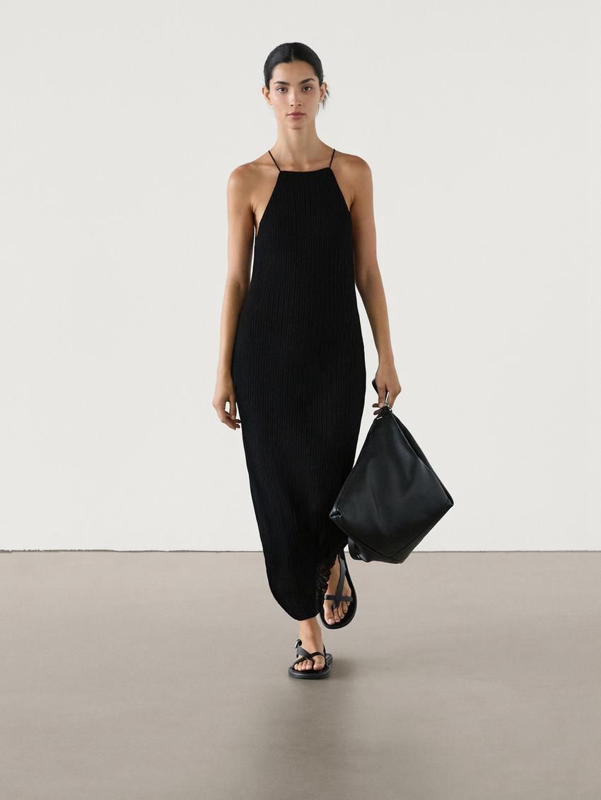 Massimo Dutti Long Ribbed Knit Women Dress Black | US-VK9685234