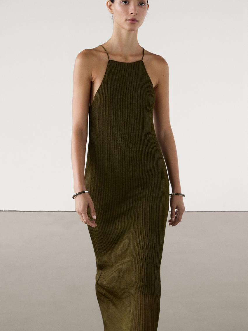 Massimo Dutti Long Ribbed Knit Women Dress Dark Olive | US-OF6934715