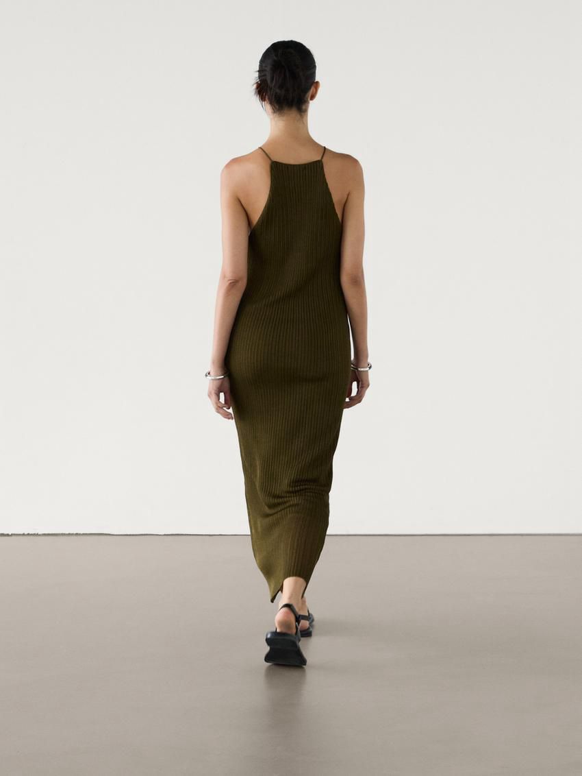Massimo Dutti Long Ribbed Knit Women Dress Dark Olive | US-OF6934715