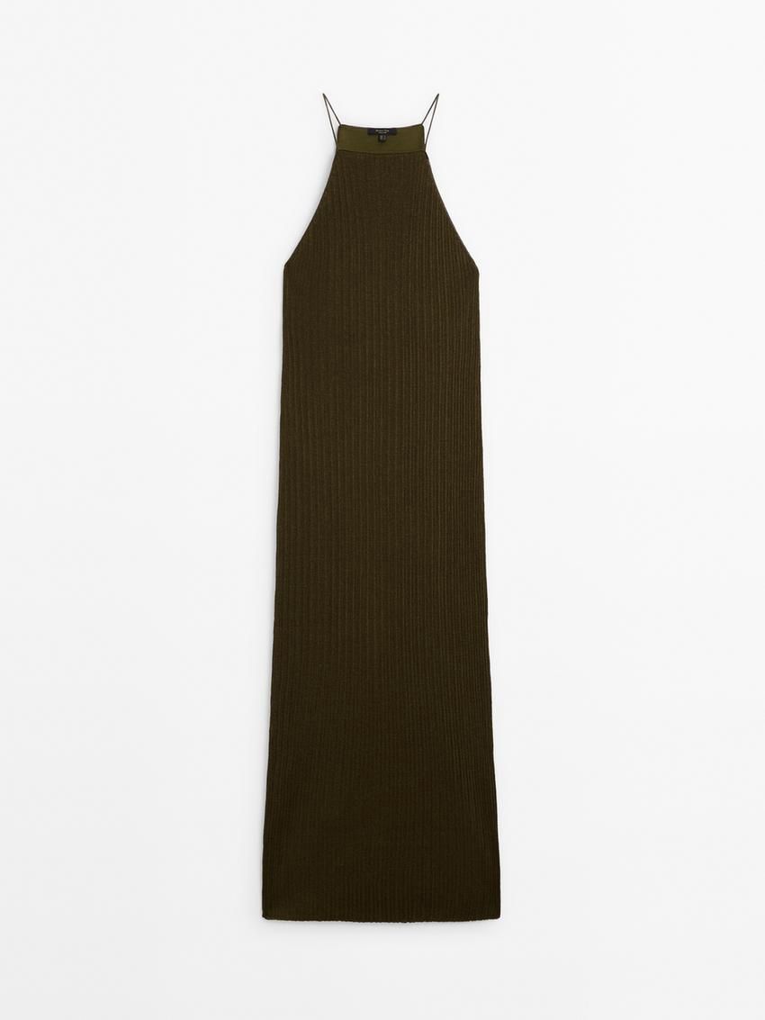 Massimo Dutti Long Ribbed Knit Women Dress Dark Olive | US-OF6934715