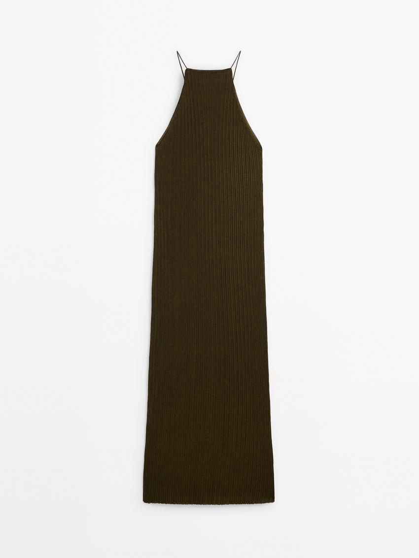 Massimo Dutti Long Ribbed Knit Women Dress Dark Olive | US-OF6934715