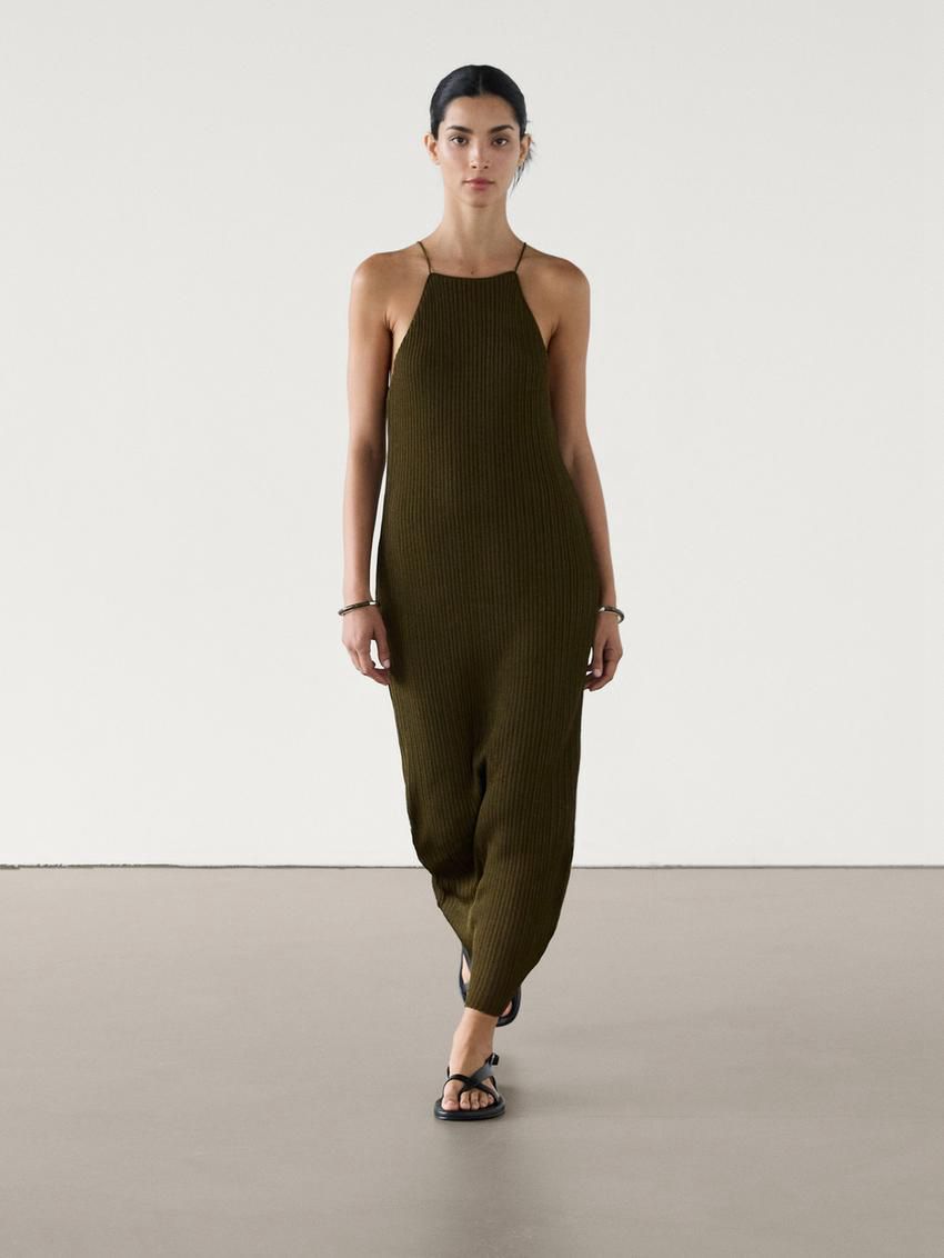 Massimo Dutti Long Ribbed Knit Women Dress Dark Olive | US-OF6934715