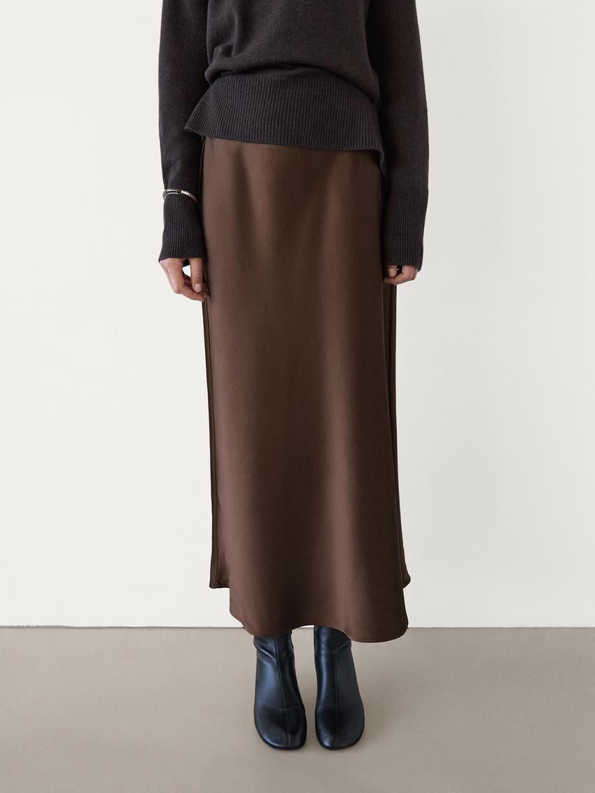 Massimo Dutti Long Satin Women Skirts Chocolate | US-IQ4968052