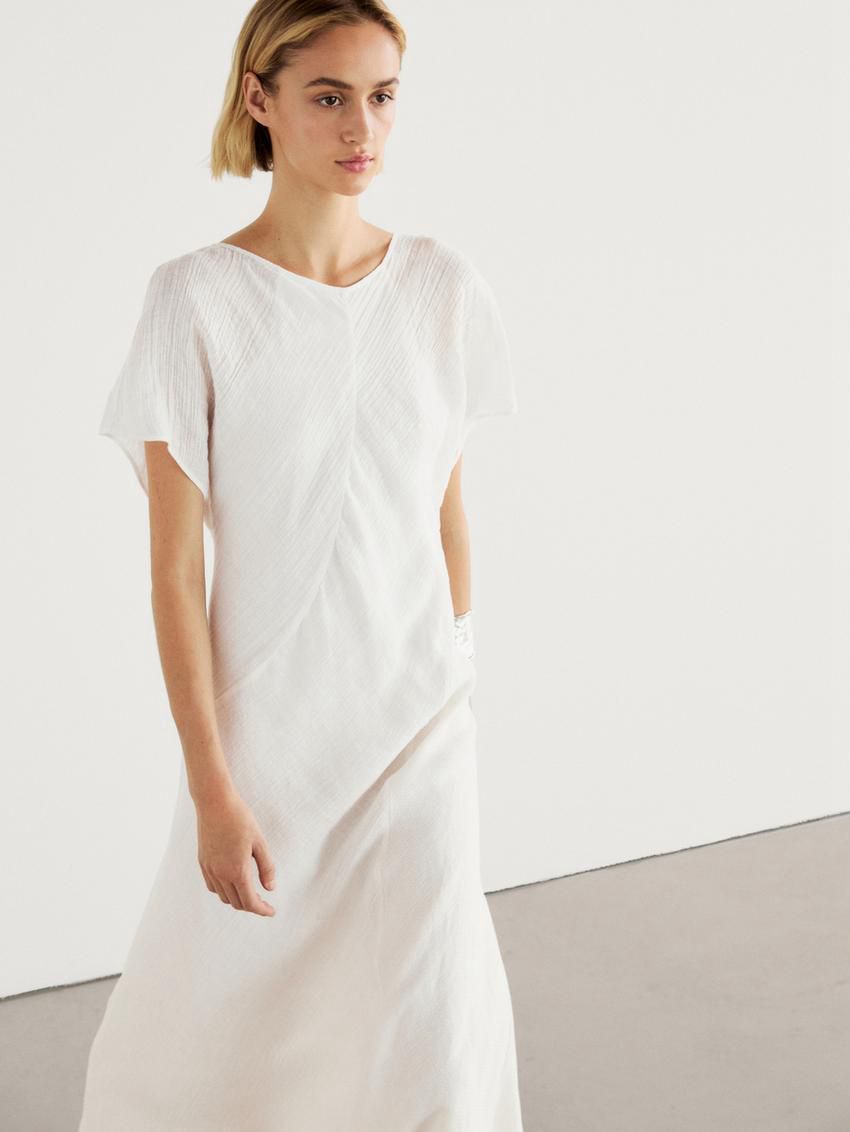 Massimo Dutti Long Short Sleeve Linen Women Dress Beige | US-WQ2694750