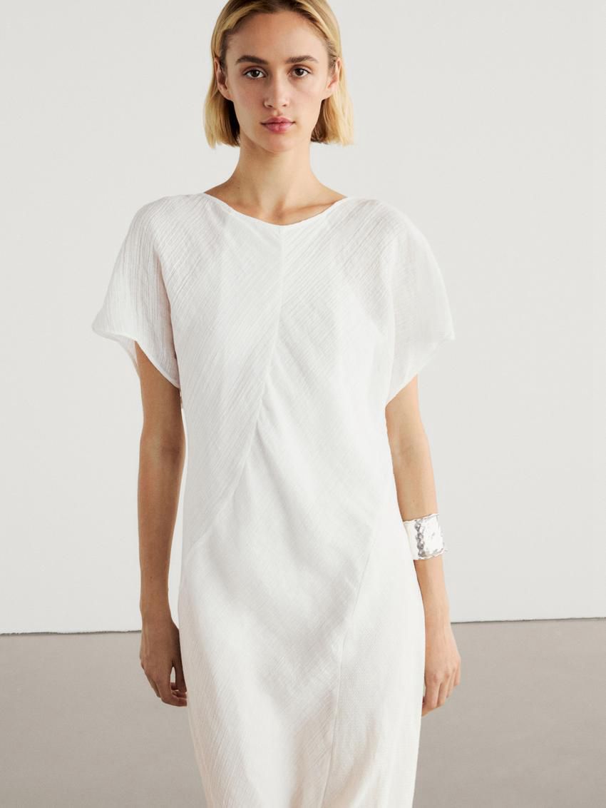 Massimo Dutti Long Short Sleeve Linen Women Dress Beige | US-WQ2694750