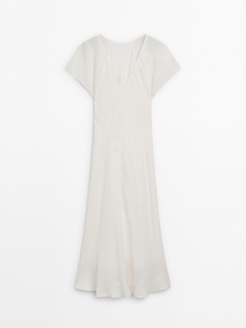 Massimo Dutti Long Short Sleeve Linen Women Dress Beige | US-WQ2694750